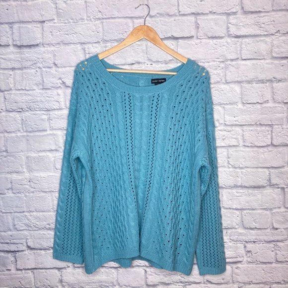 Lauren Hansen Size XL Nordstrom Blue Cable Knit Button Back Pullover Sweater - Picture 2 of 4